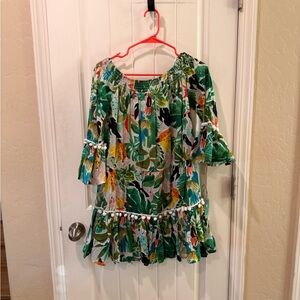 Green Tropical Off-Shoulder Dress with Pom Trim true destinations XS